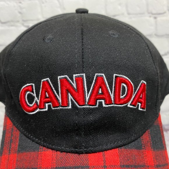 Canada Hat Cap Strap Back Red Plaid Bill Spell Out Embroidered 100% Cotton - Picture 6 of 8